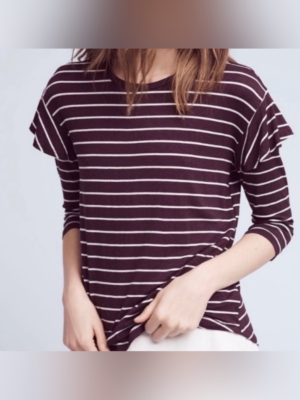 NWT Anthropologie DOLAN Striped Ruffle 3/4 Sleeve Tee in Burgundy Plum Purple. M